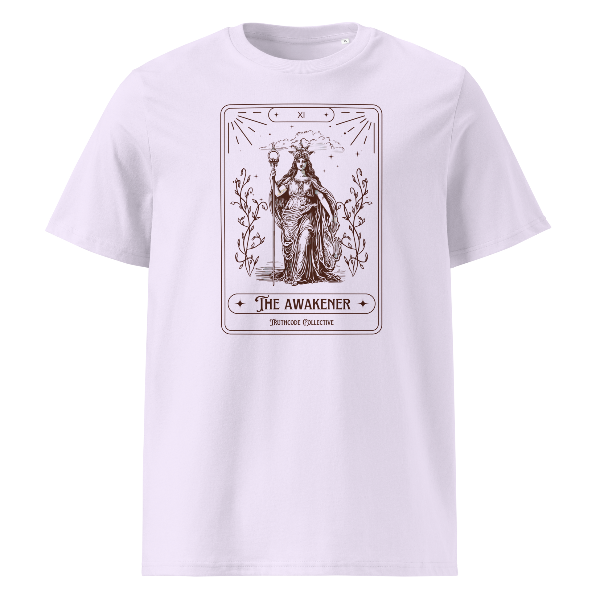 Lavender organic t-shirt with 'The Awakener' tarot card design on a white background