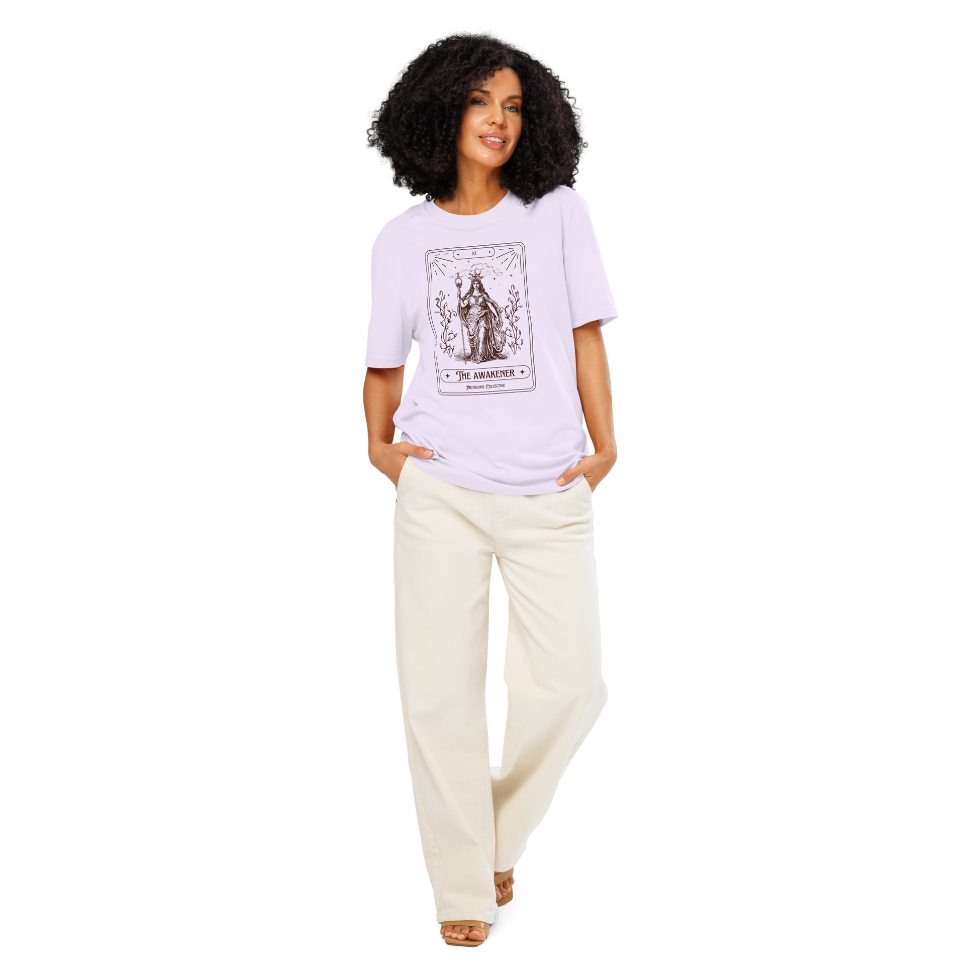 Woman wearing lavender organic t-shirt with 'The Awakener' tarot card design on a white background
