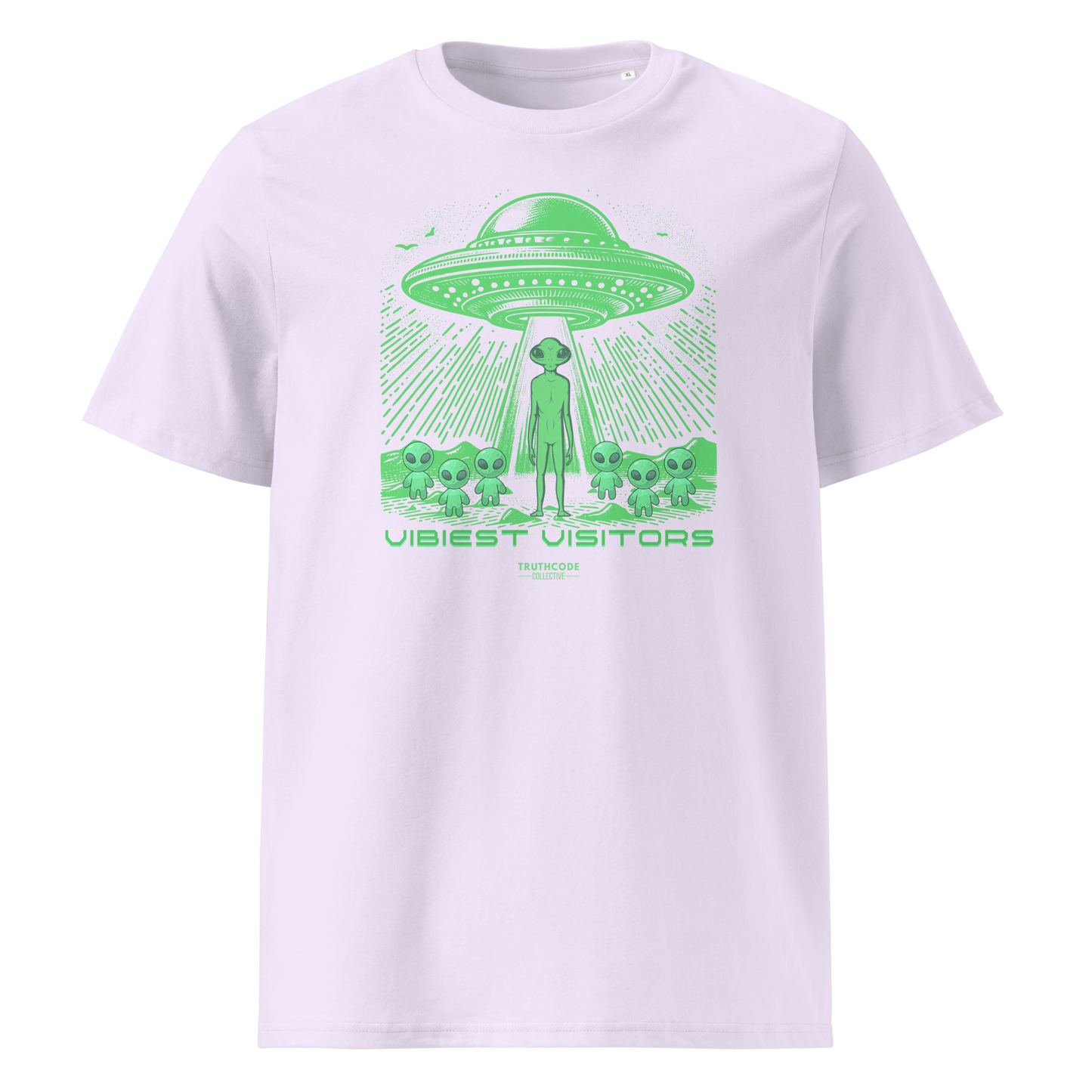 Lavender organic t-shirt with green alien abduction graphic and text 'Vibiest visitors' on a white background