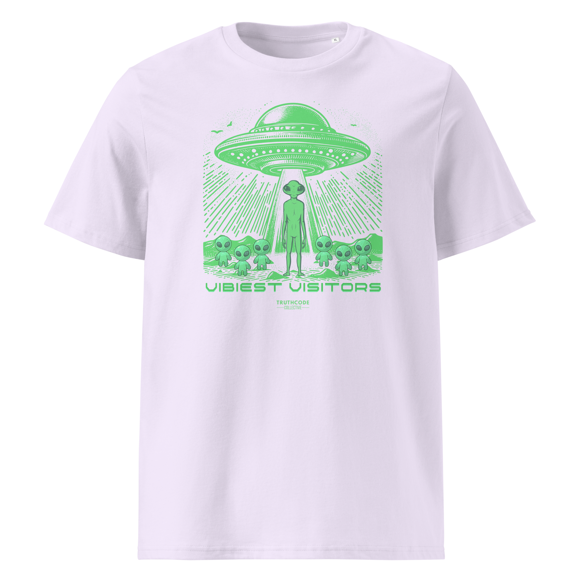 Lavender organic t-shirt with green alien abduction graphic and text 'Vibiest visitors' on a white background