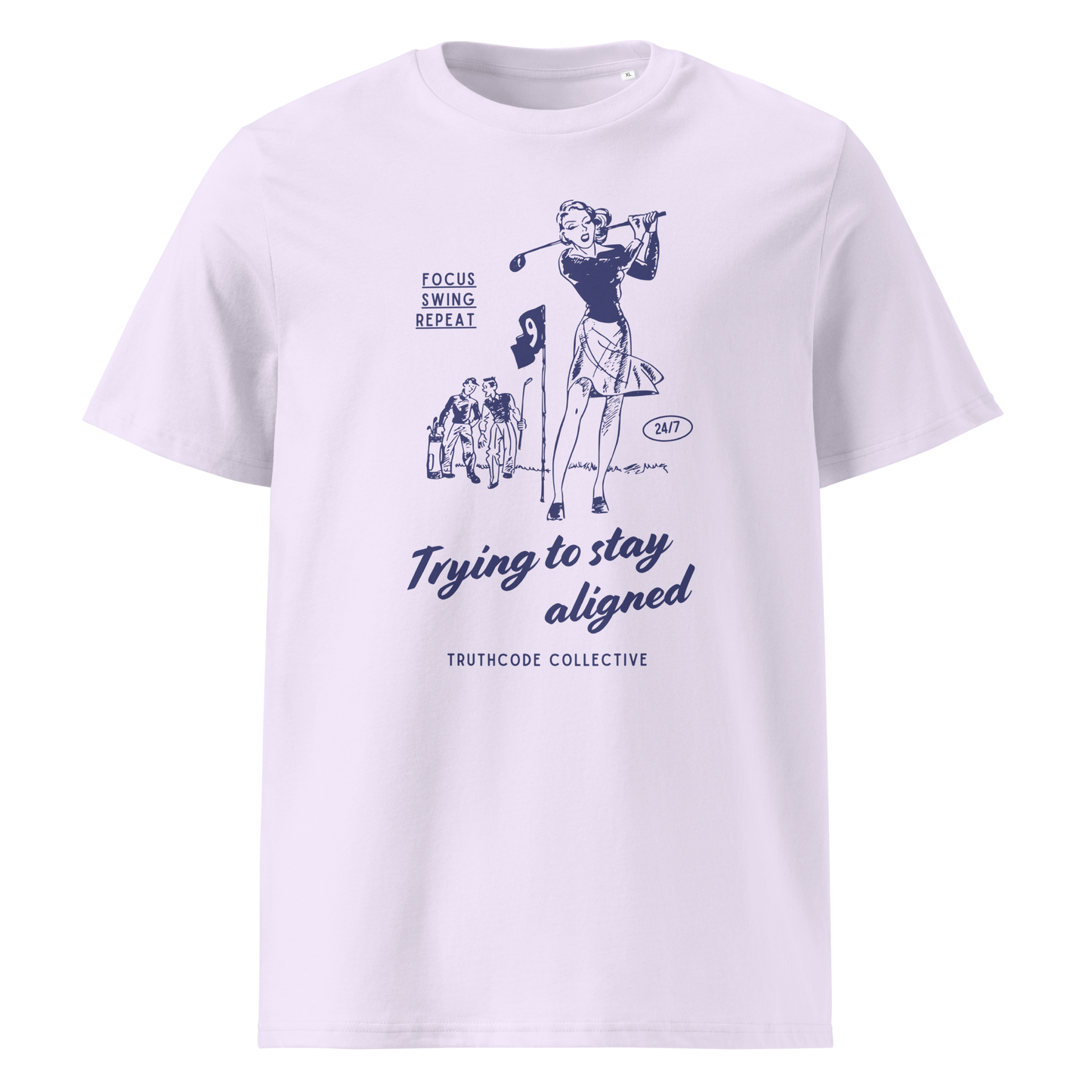 Lavender organic t-shirt with blue vintage graphic of a woman golfing and text 'Trying to stay aligned' and 'Focus, swing, repeat' on a white background