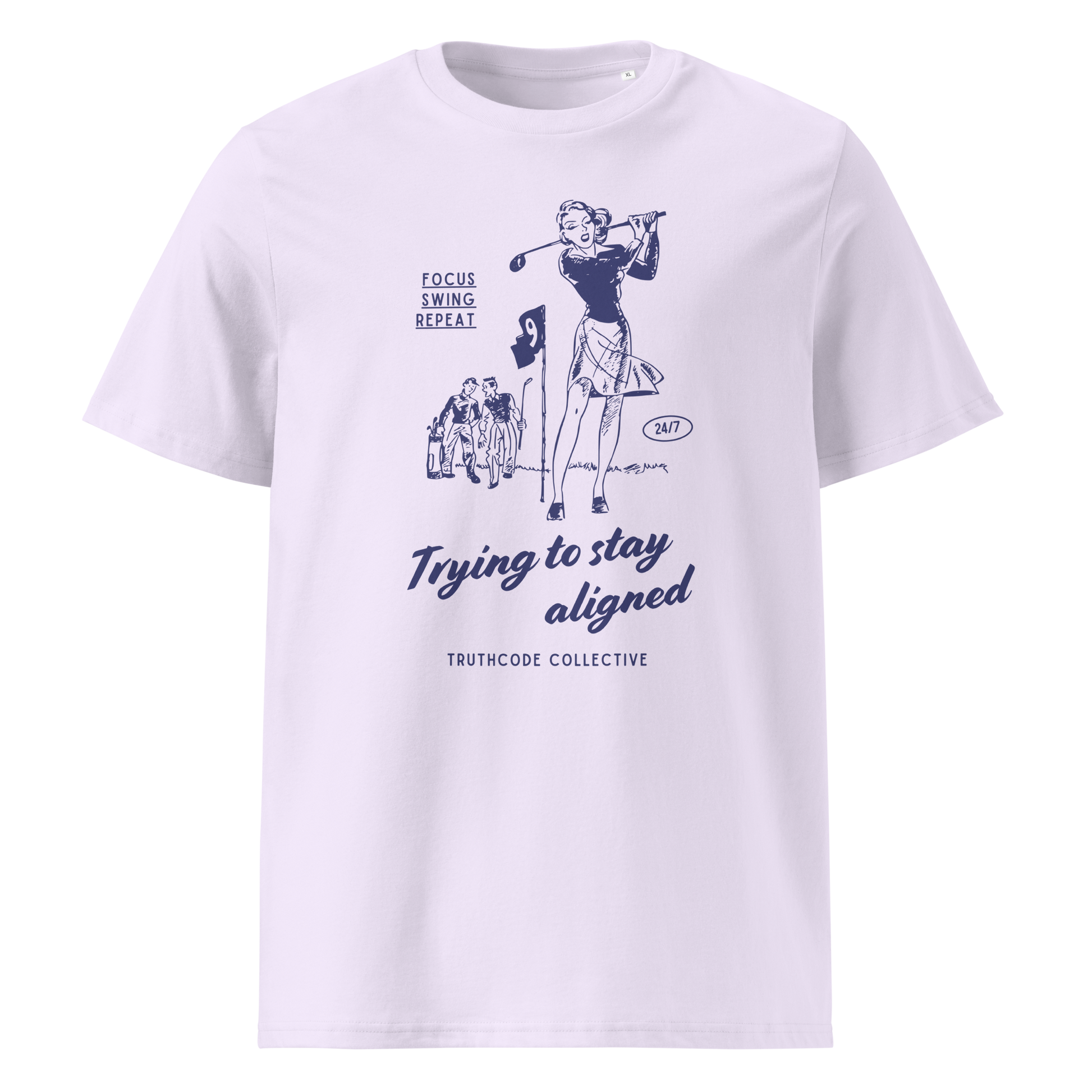 Lavender organic t-shirt with blue vintage graphic of a woman golfing and text 'Trying to stay aligned' and 'Focus, swing, repeat' on a white background