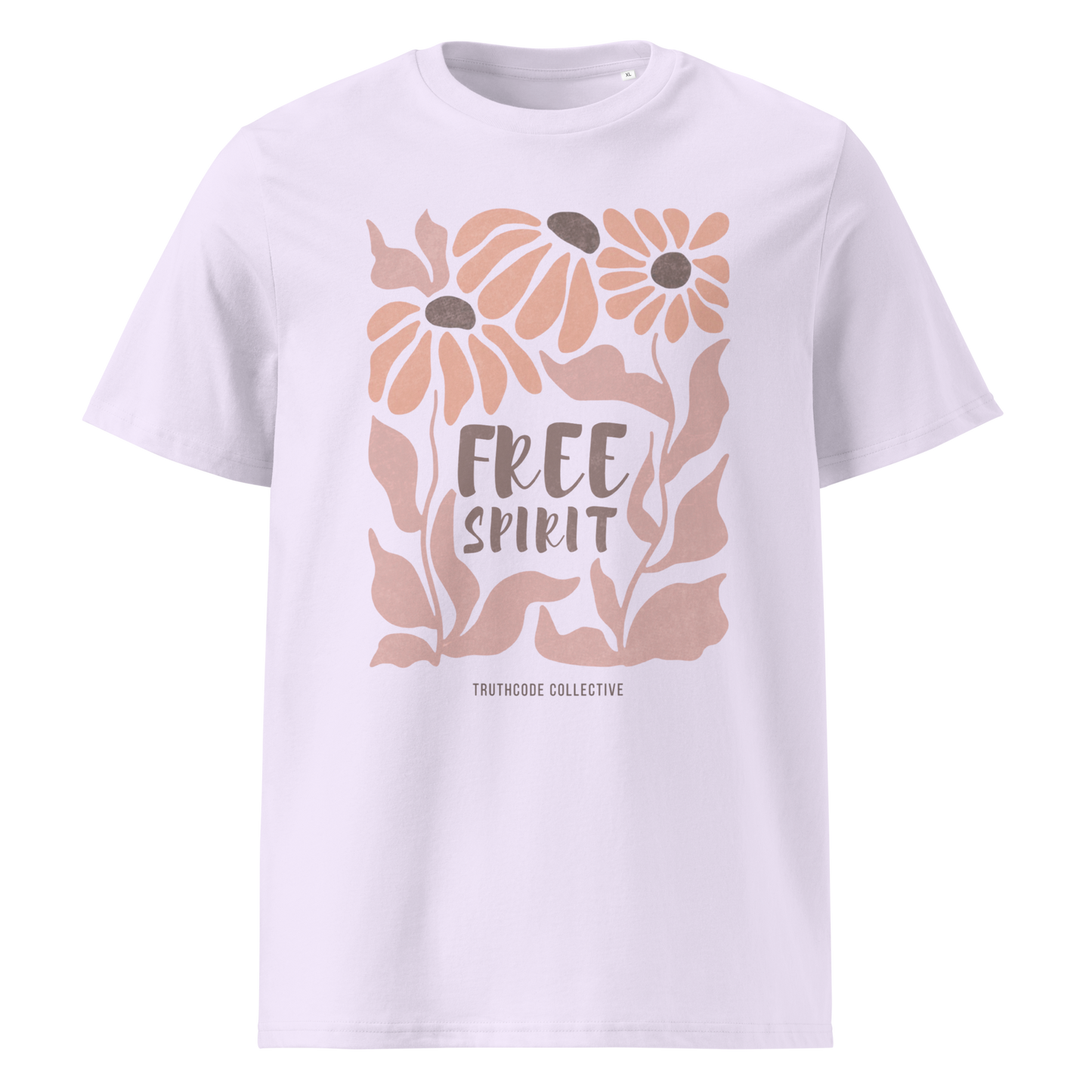 Lavender organic t-shirt with pink floral design and 'Free Spirit' text on a white background