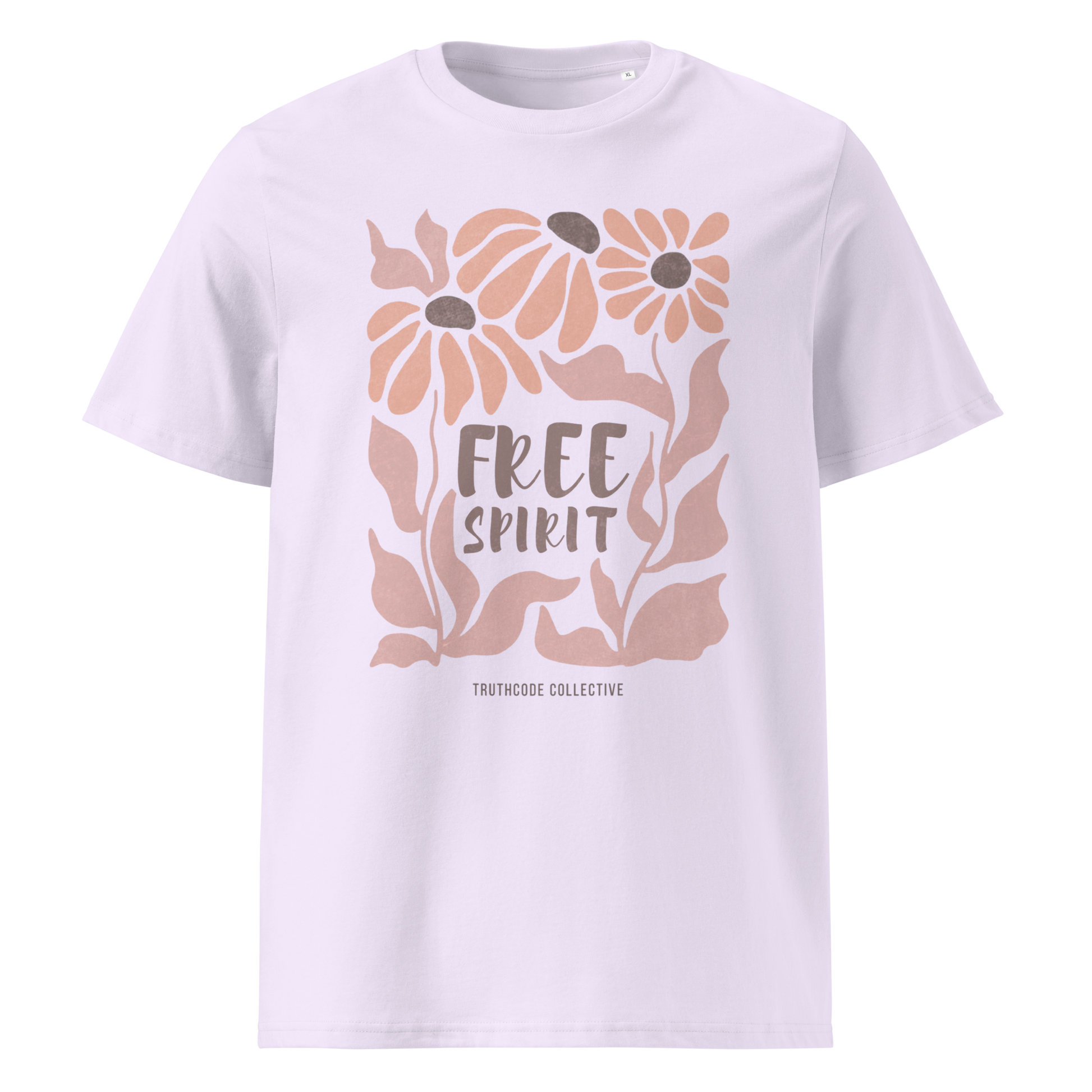 Lavender organic t-shirt with pink floral design and 'Free Spirit' text on a white background