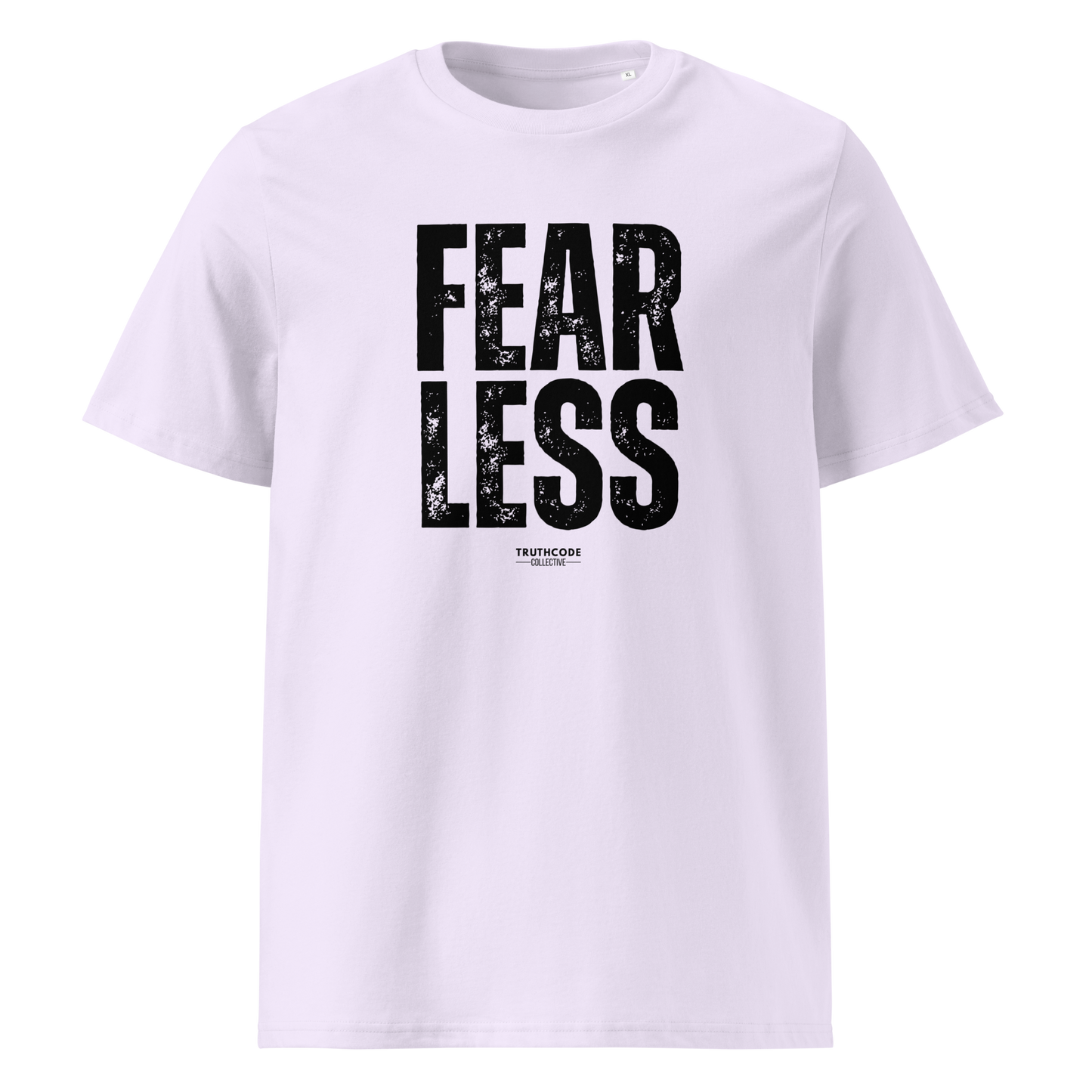 Lavender organic t-shirt with 'FEARLESS' text on a white background