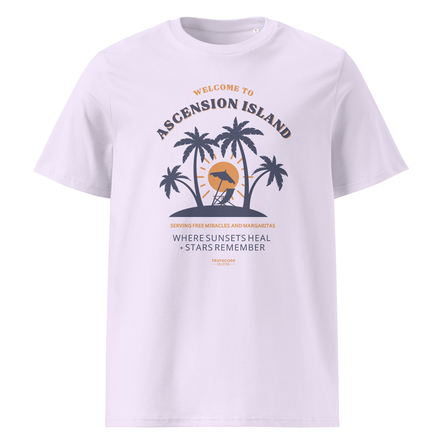 Lavender organic t-shirt with palm tree design and text 'Ascension island, where sunsets heal + stars remember' on a white background