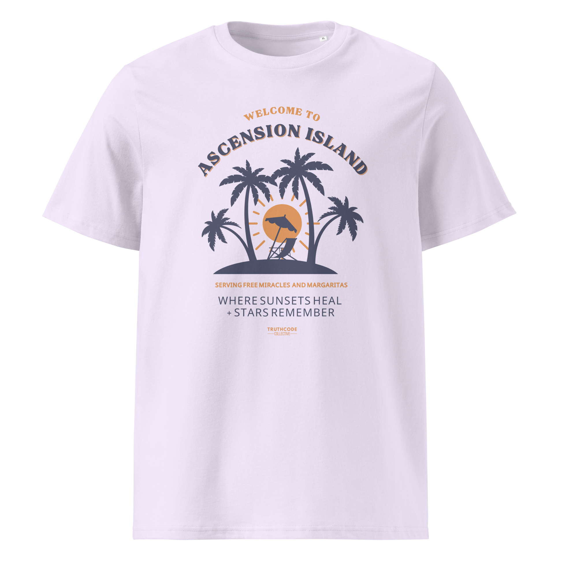 Lavender organic t-shirt with palm tree design and text 'Ascension island, where sunsets heal + stars remember' on a white background