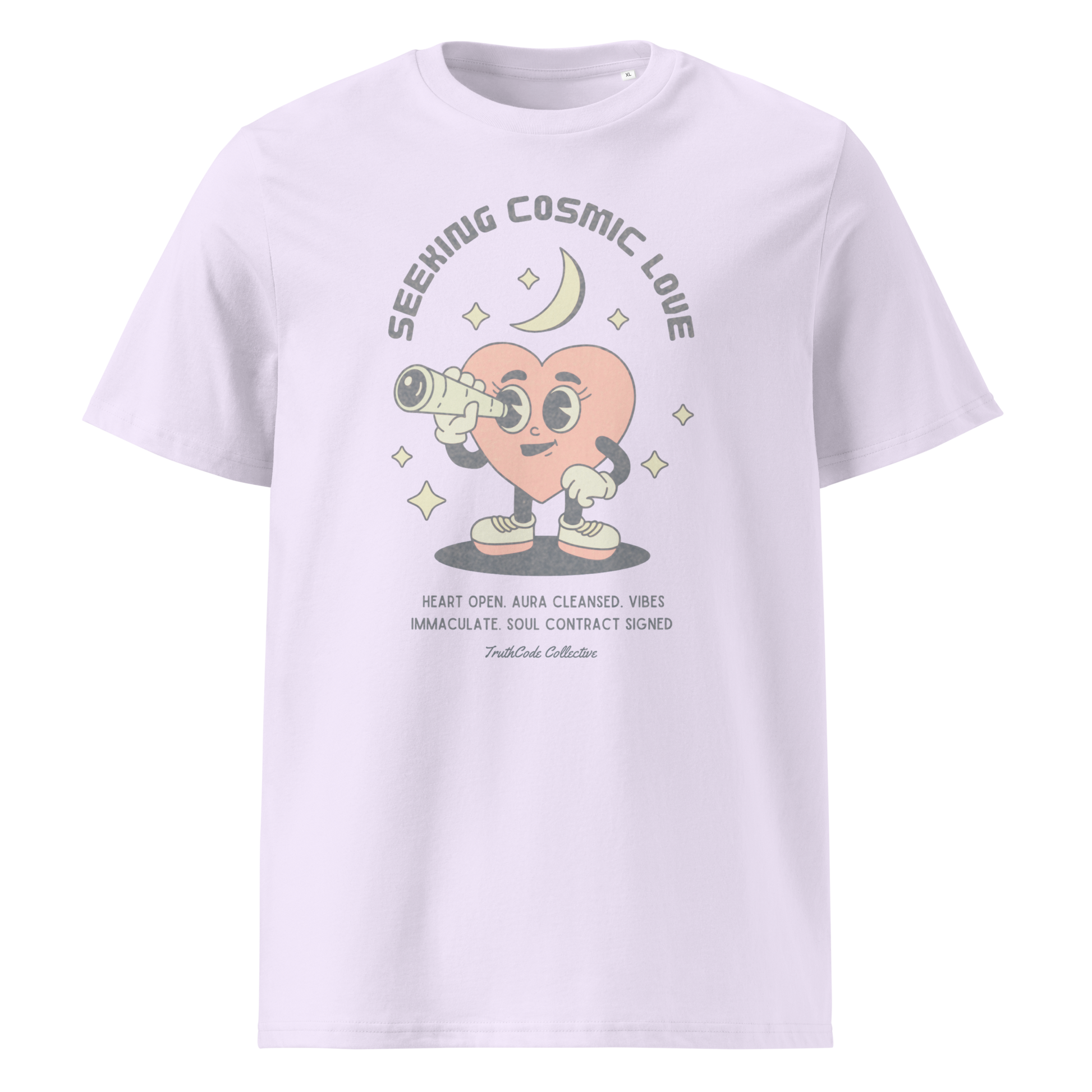 Lavender organic t-shirt with a heart-shaped character holding a telescope and text 'Seeking Cosmic Love' on a white background.
