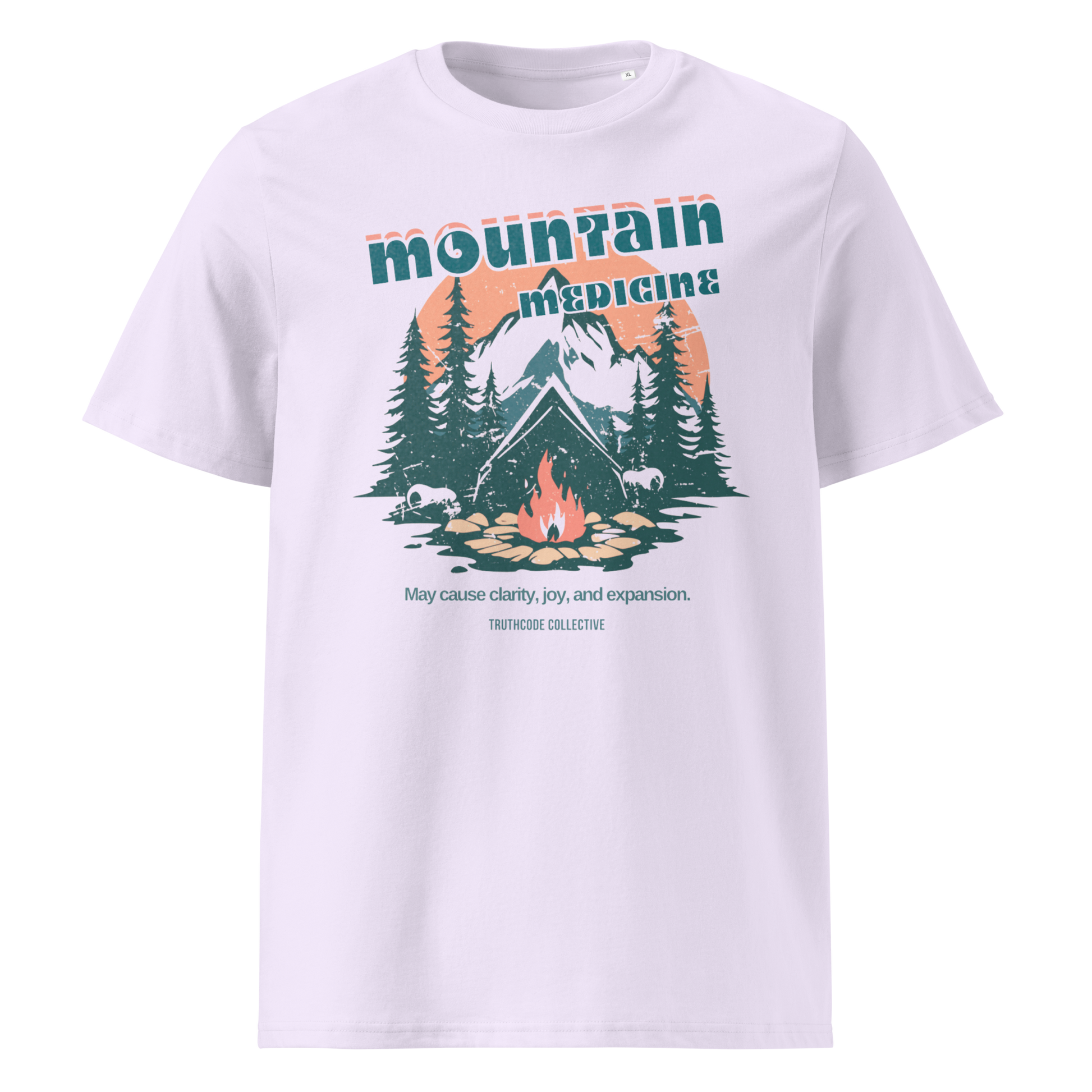 Lavender organic t-shirt with mountain and campfire graphic and 'Mountain Medicine' text on a white background