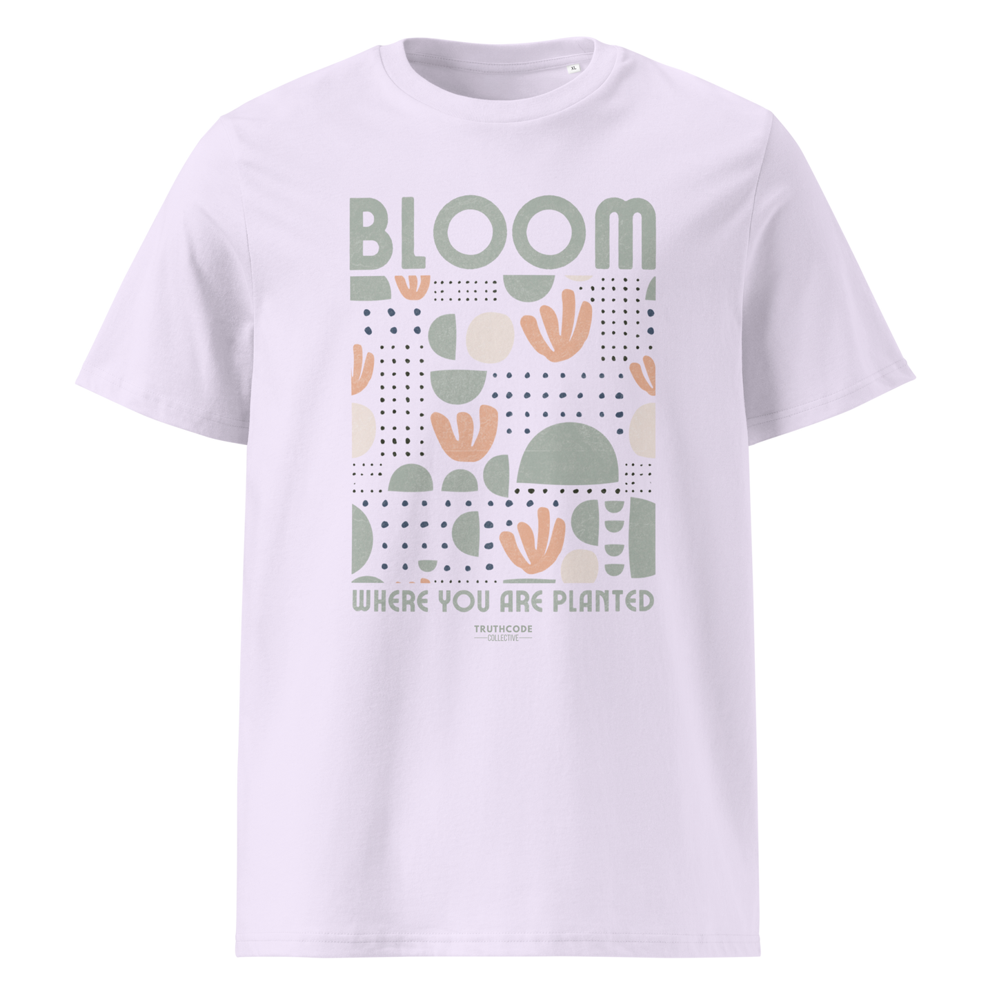 Lavender organic t-shirt with 'Bloom Where You Are Planted' design on a white background