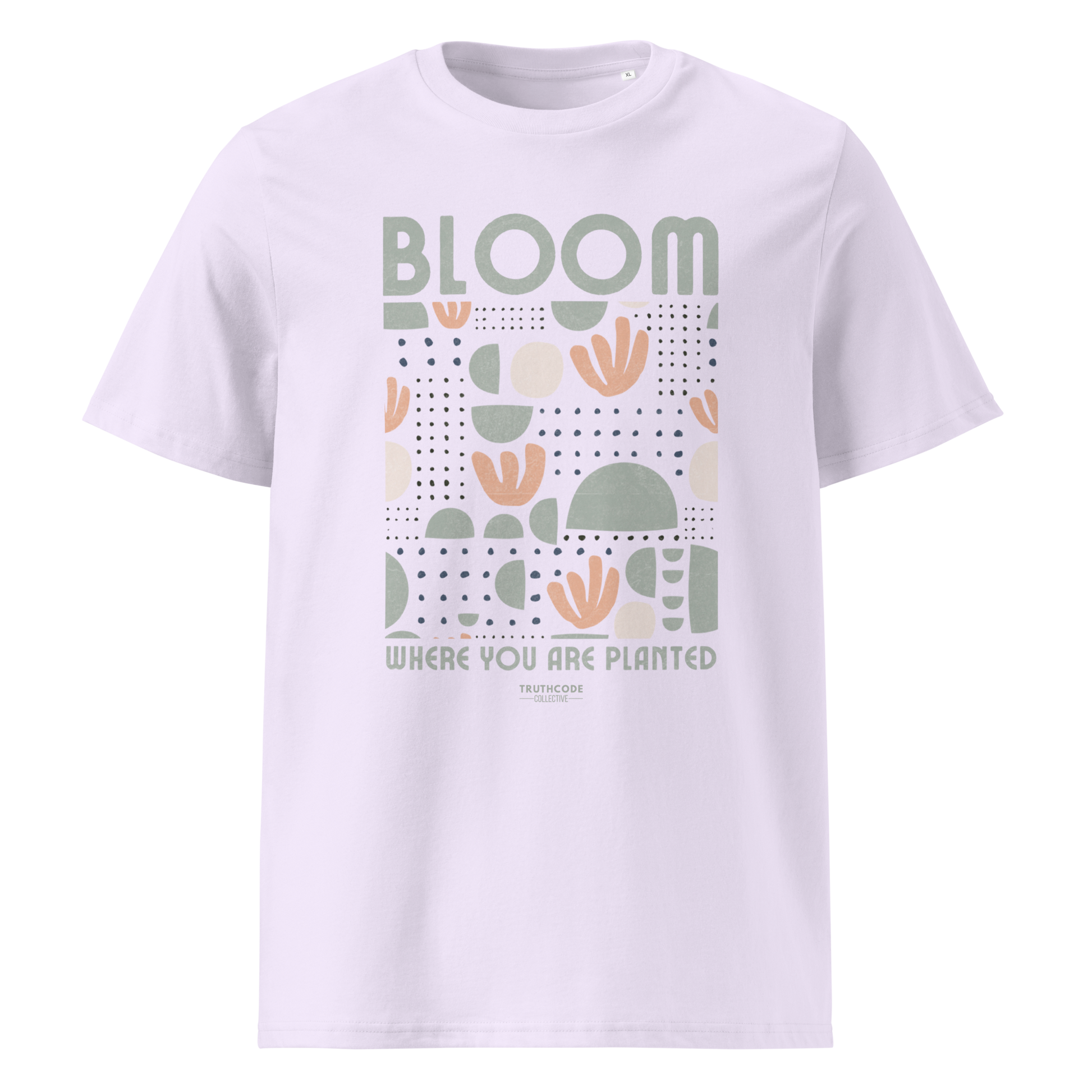 Lavender organic t-shirt with 'Bloom Where You Are Planted' design on a white background