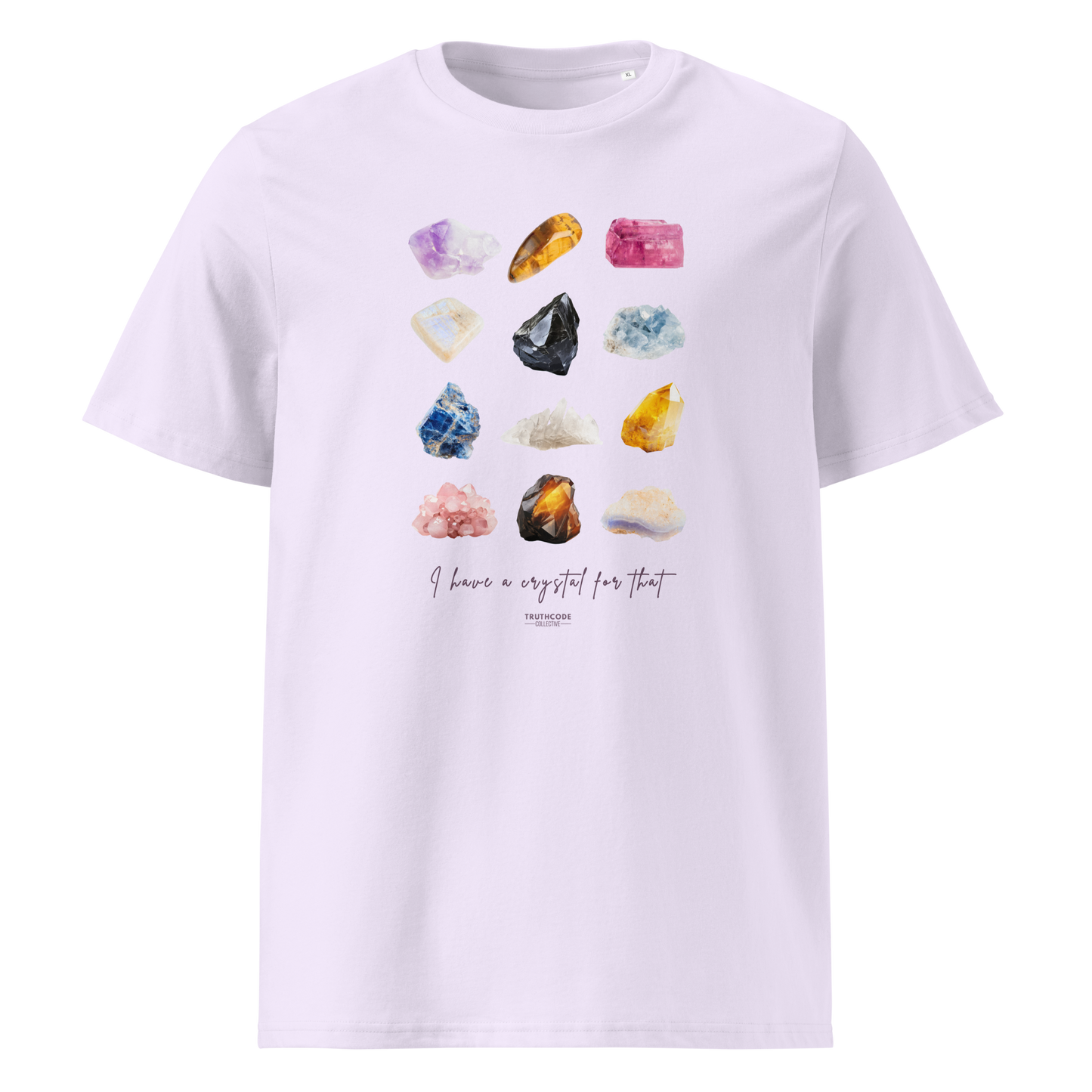 Lavender organic t-shirt with colorful crystal graphics and text 'I have crystals for that' on a white background