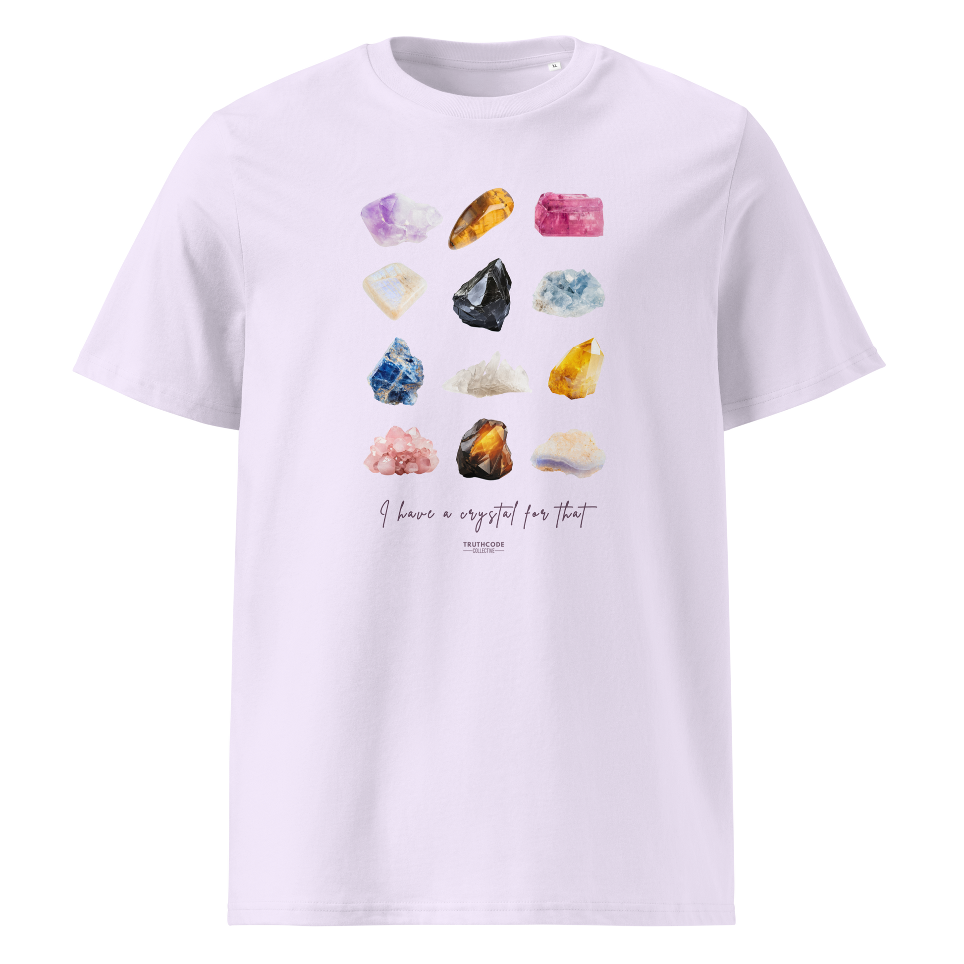 Lavender organic t-shirt with colorful crystal graphics and text 'I have crystals for that' on a white background
