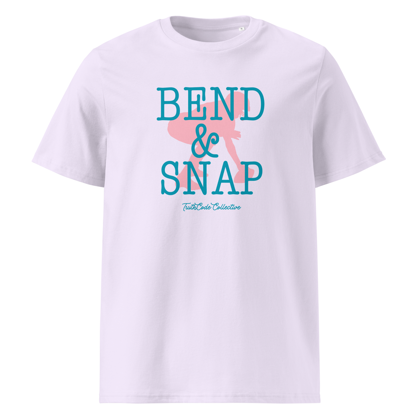 Lavender organic t-shirt with 'Bend & Snap' text and football player snapping football silhouette graphic on a white background