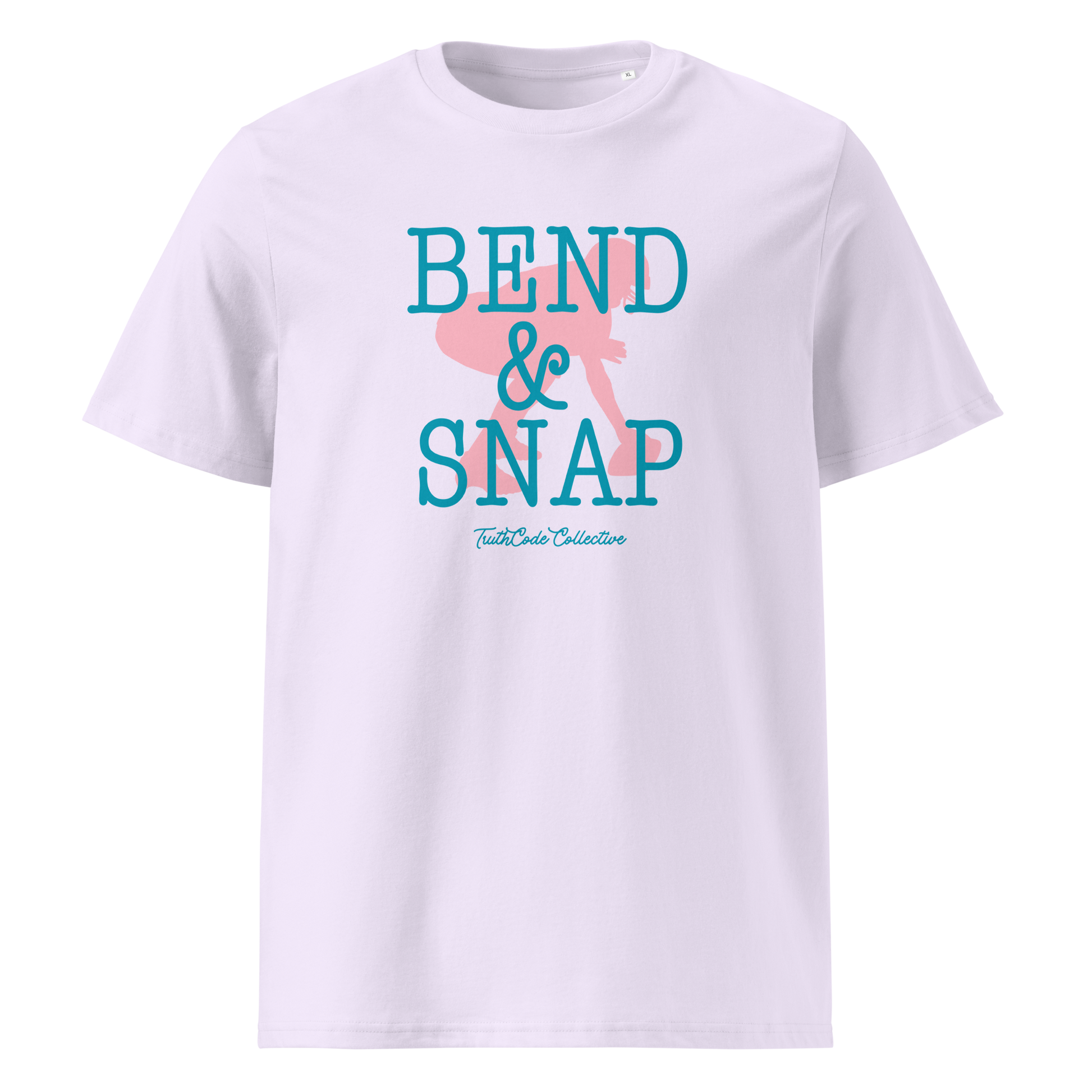 Lavender organic t-shirt with 'Bend & Snap' text and football player snapping football silhouette graphic on a white background