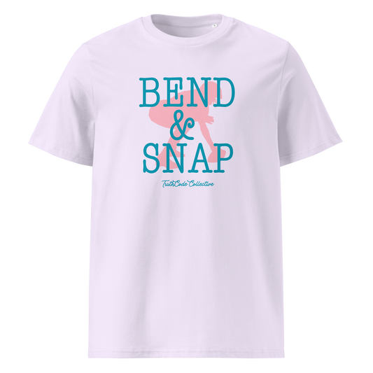 Lavender organic t-shirt with 'Bend & Snap' text and football player snapping football silhouette graphic on a white background