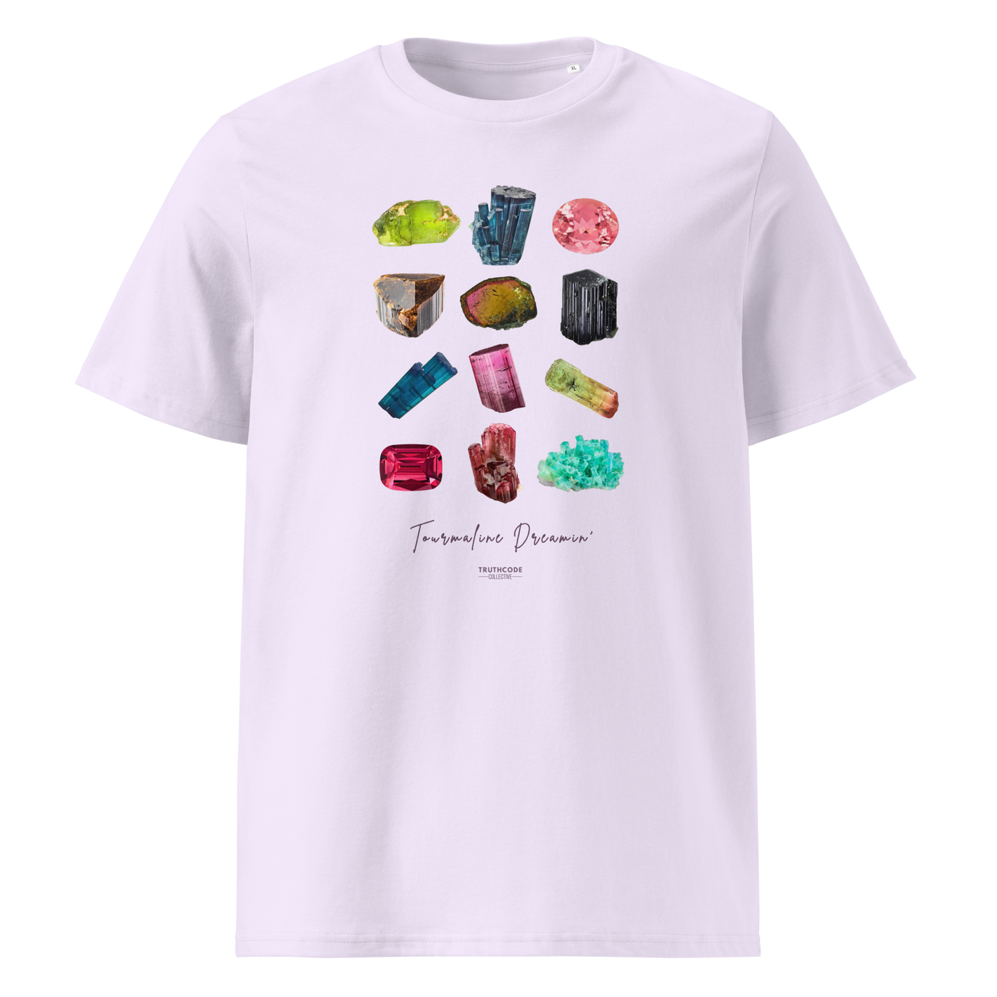 Lavender organic t-shirt with gemstone graphic and text 'Tourmaline Dreamin'  on a white background