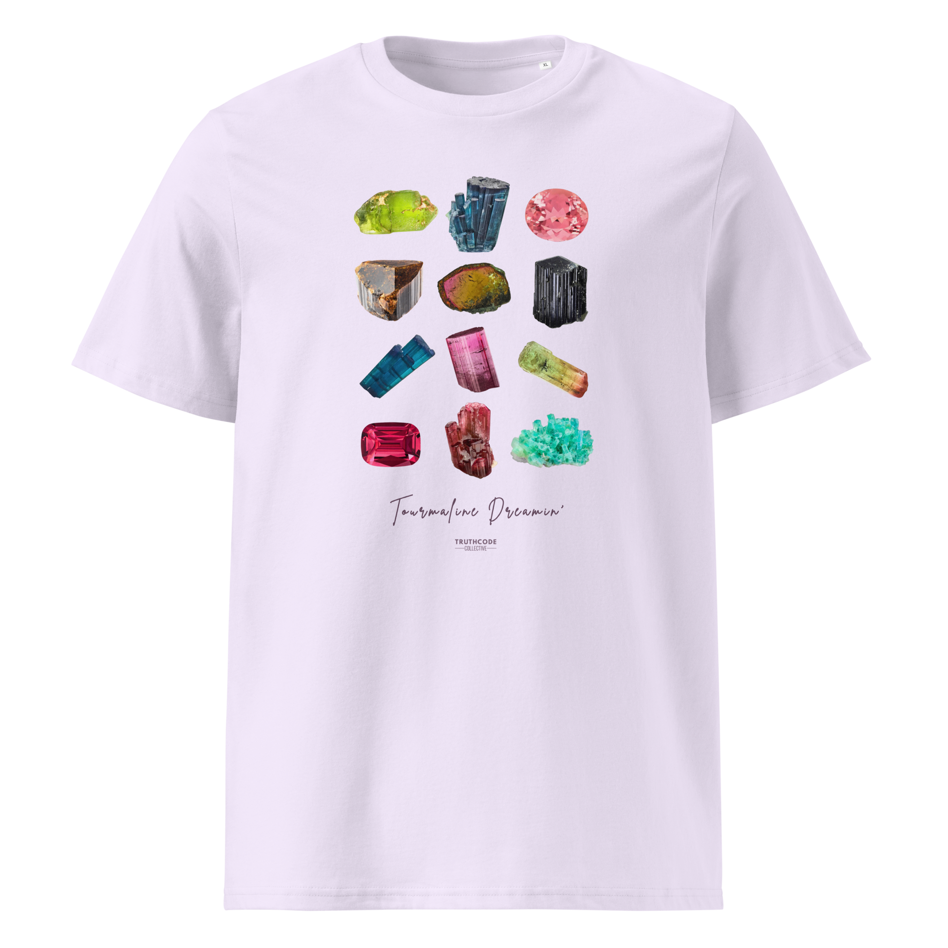 Lavender organic t-shirt with gemstone graphic and text 'Tourmaline Dreamin'  on a white background