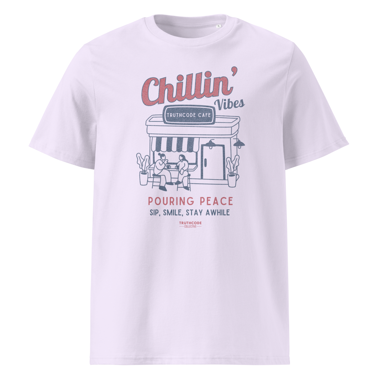 Lavender organic t-shirt with 'Chillin' Vibes, TruthCode Cafe' and 'Pouring peace, sip, smile, stay a while' graphic design on a white background