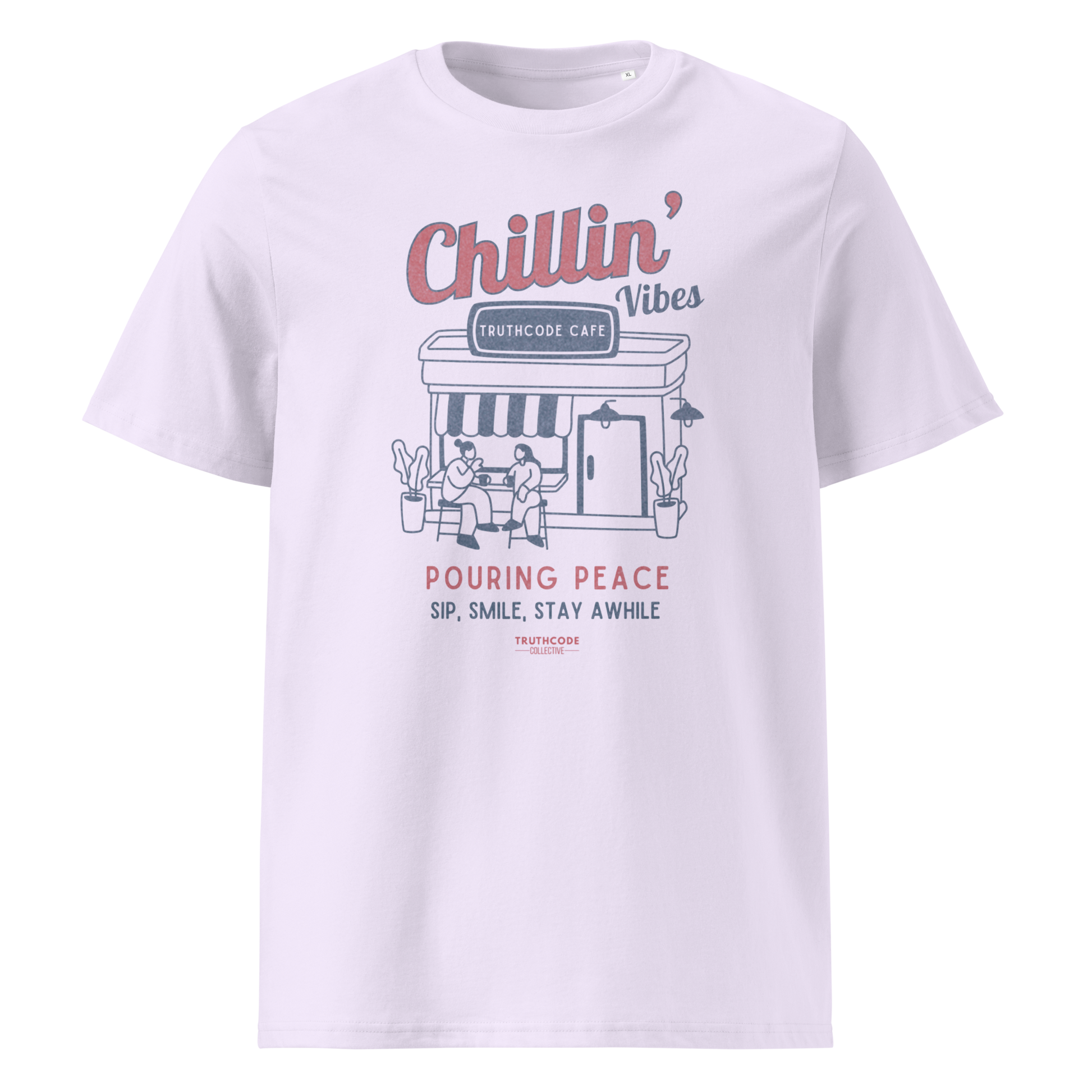 Lavender organic t-shirt with 'Chillin' Vibes, TruthCode Cafe' and 'Pouring peace, sip, smile, stay a while' graphic design on a white background