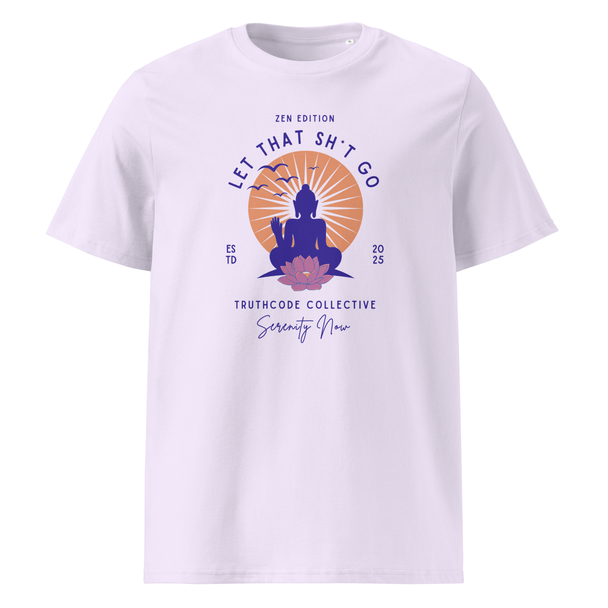 Lavender organic t-shirt with a Buddha graphic and text 'Let that sh*t go' on a white background