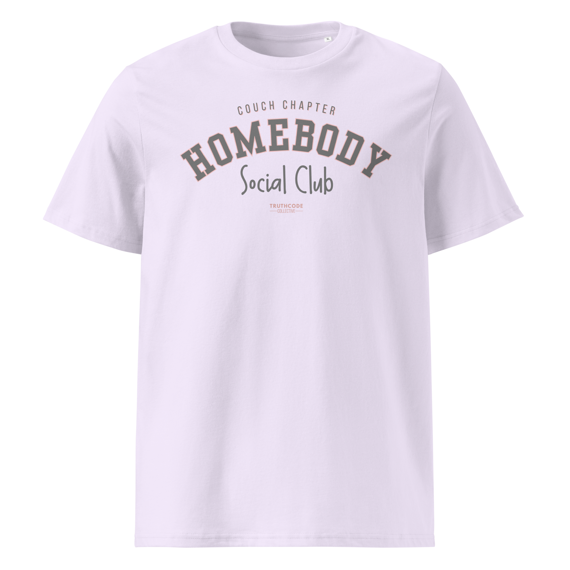 Lavender organic t-shirt with 'Homebody Social Club' text on a white background
