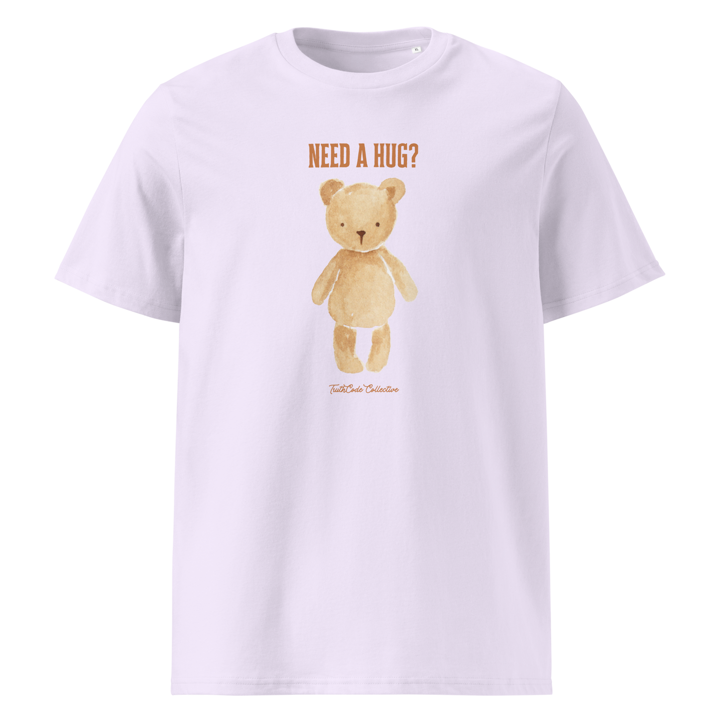 Lavender organic t-shirt with a teddy bear graphic and text 'NEED A HUG?' on a white background