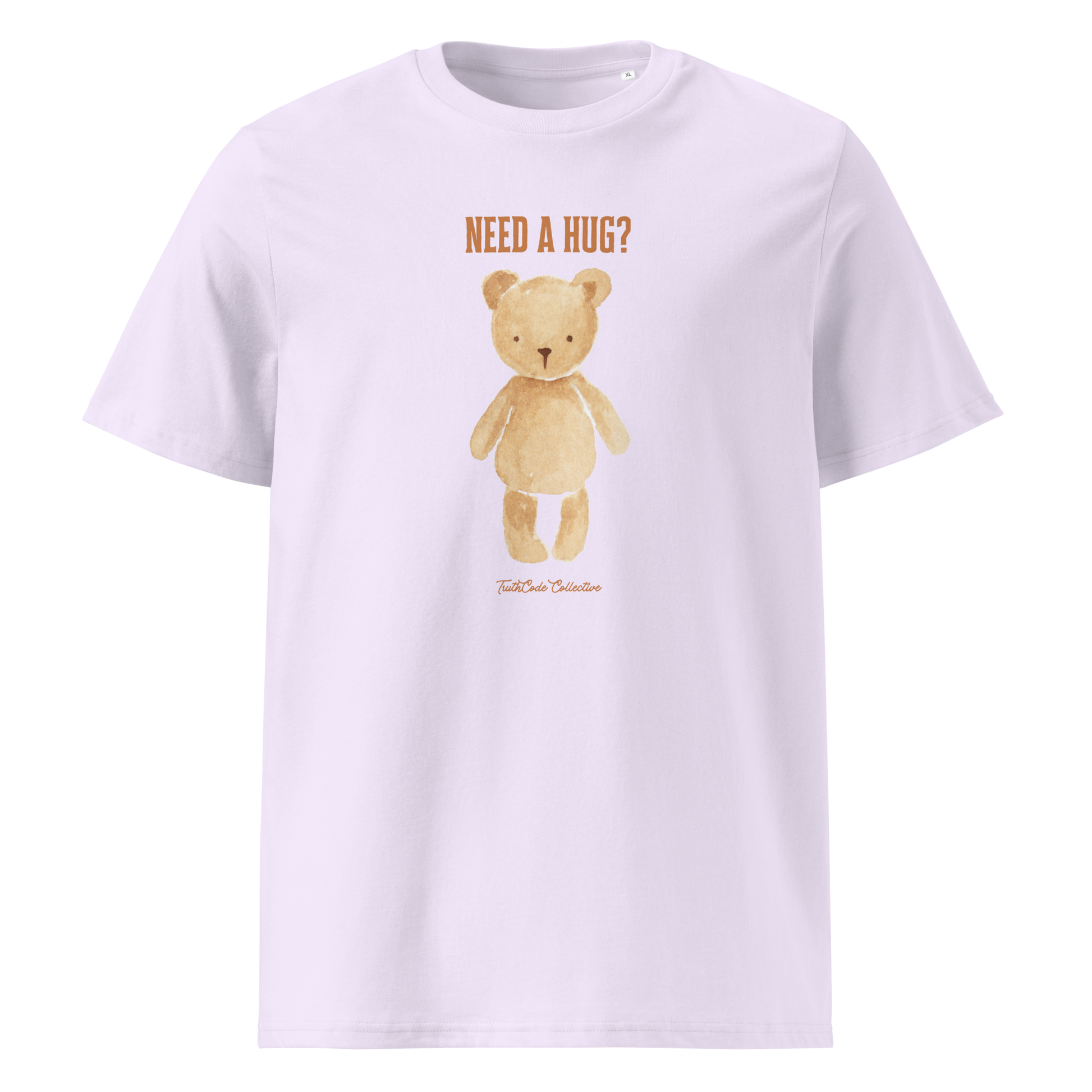 Lavender organic t-shirt with a teddy bear graphic and text 'NEED A HUG?' on a white background
