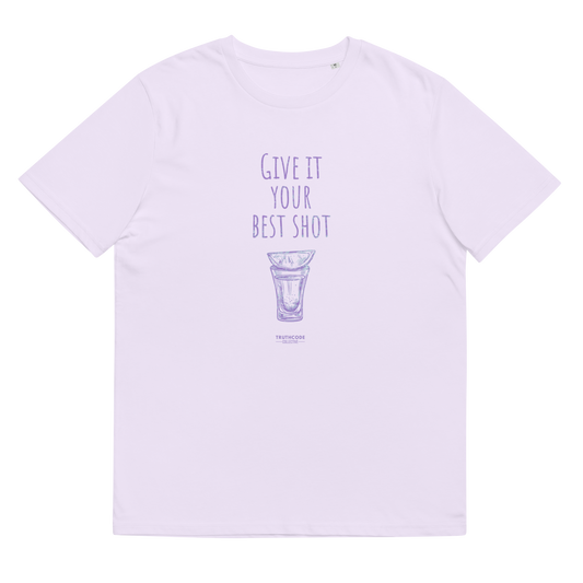 Lavender organic t-shirt with a shot glass and lime graphic and text 'Give it your best shot' on a white background