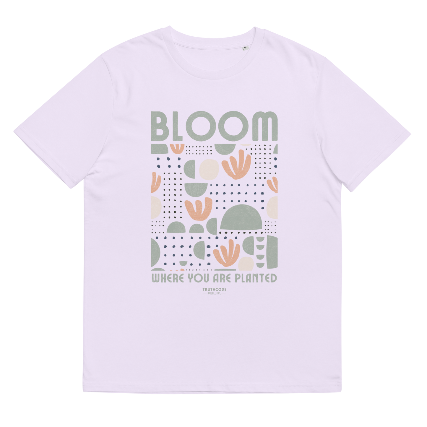 Lavender organic t-shirt with 'Bloom Where You Are Planted' text and graphic design on a white background