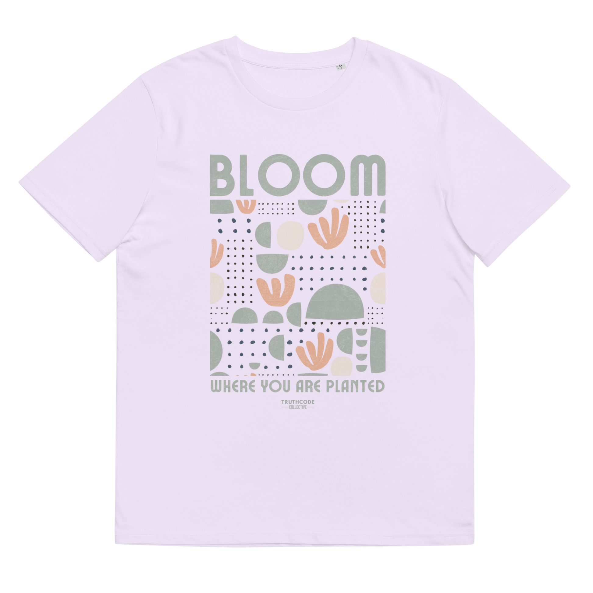 Lavender organic t-shirt with 'Bloom Where You Are Planted' text and graphic design on a white background