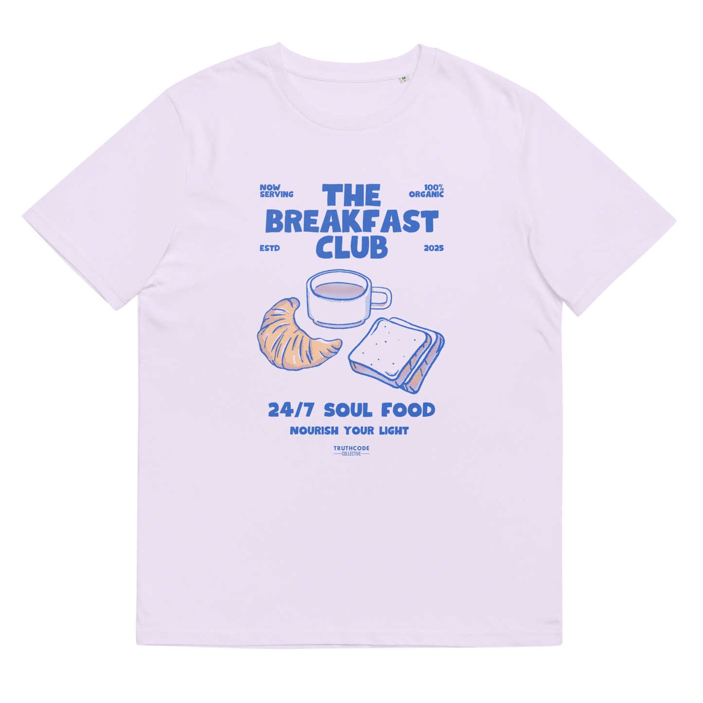 Lavender organic t-shirt with 'The Breakfast Club' graphic design featuring a coffee cup, croissant, and sandwich.