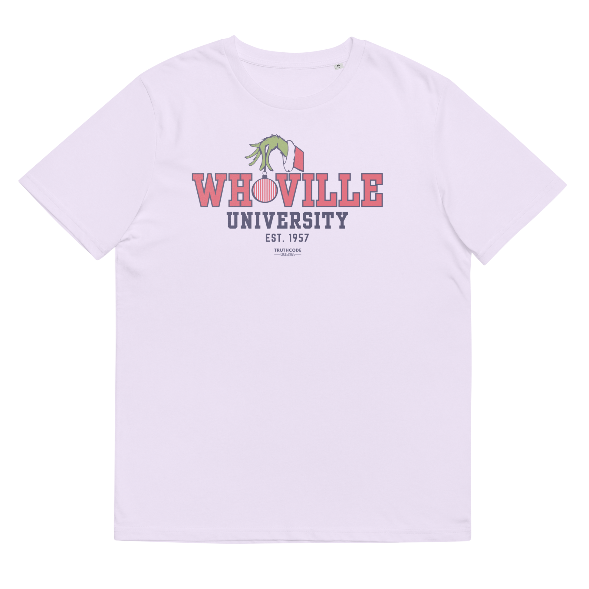 White t-shirt with 'Whoville University' text and graphic on a white background
