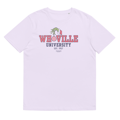 White t-shirt with 'Whoville University' text and graphic on a white background