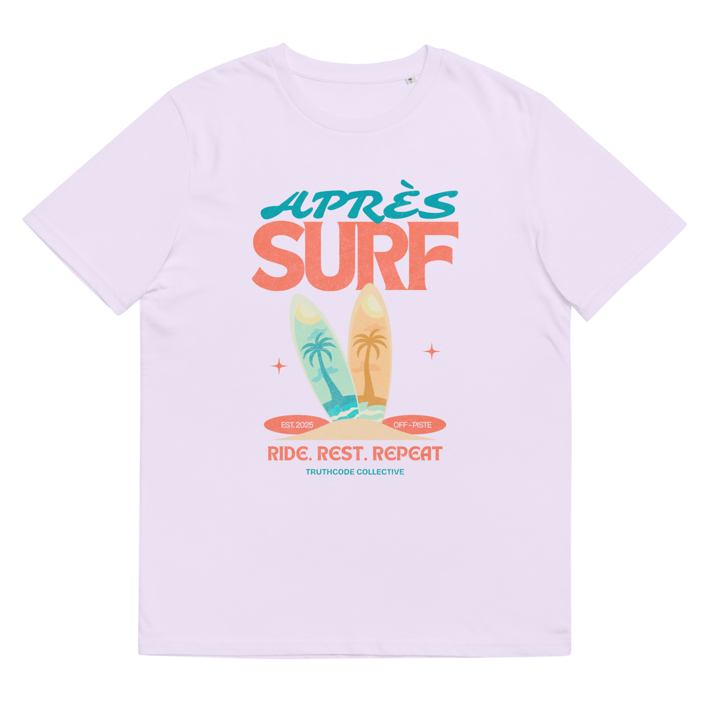 Lavender organic t-shirt with colorful 'Après Surf' design featuring surfboards and palm trees on a white background.