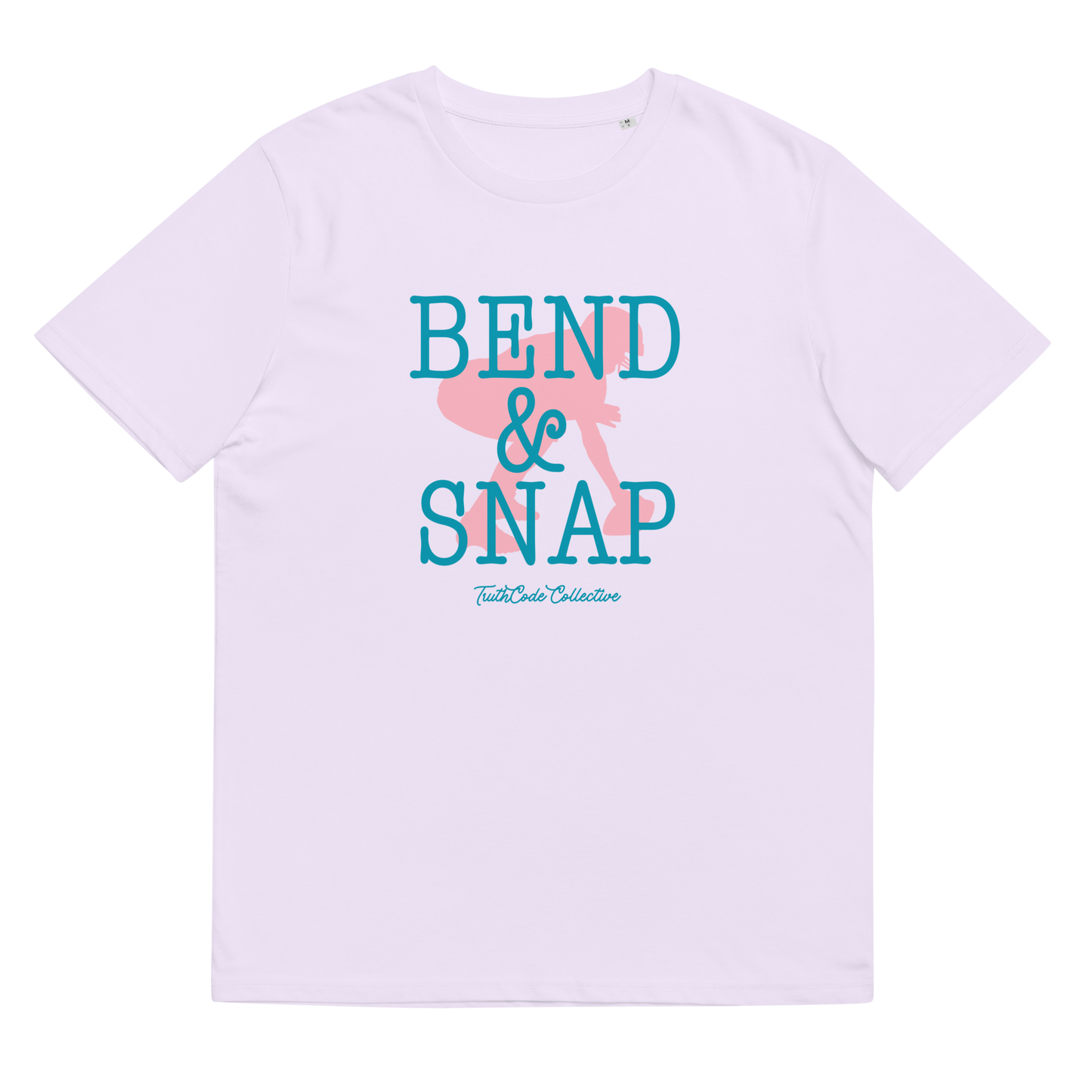 Lavender organic t-shirt with 'Bend & Snap' text and football center graphic design, shirt is on a white background