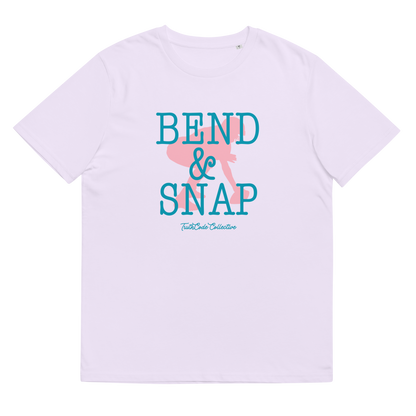 Lavender organic t-shirt with 'Bend & Snap' text and football center graphic design, shirt is on a white background