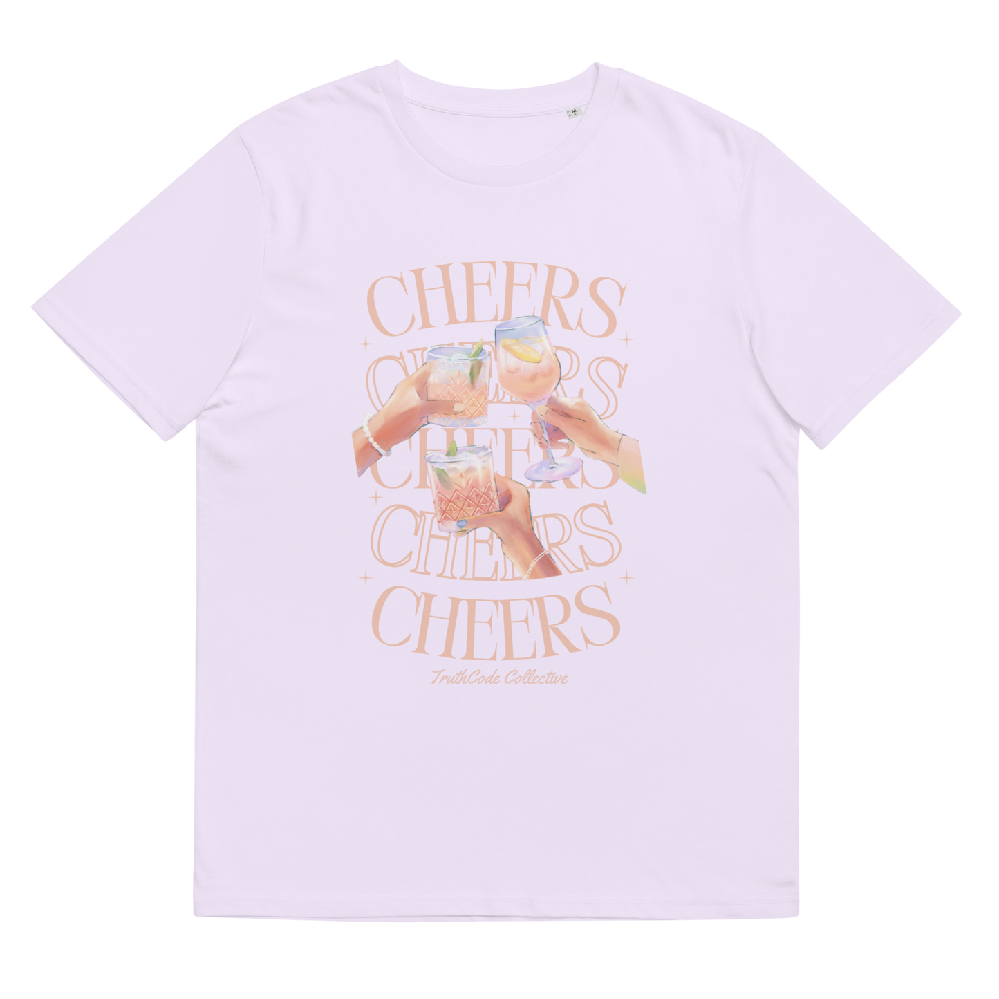 Lavender organic t-shirt with 'Cheers' text and graphic design of hands clinking glasses on a white background