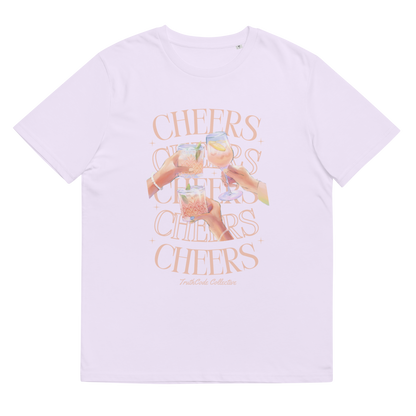 Lavender organic t-shirt with 'Cheers' text and graphic design of hands clinking glasses on a white background