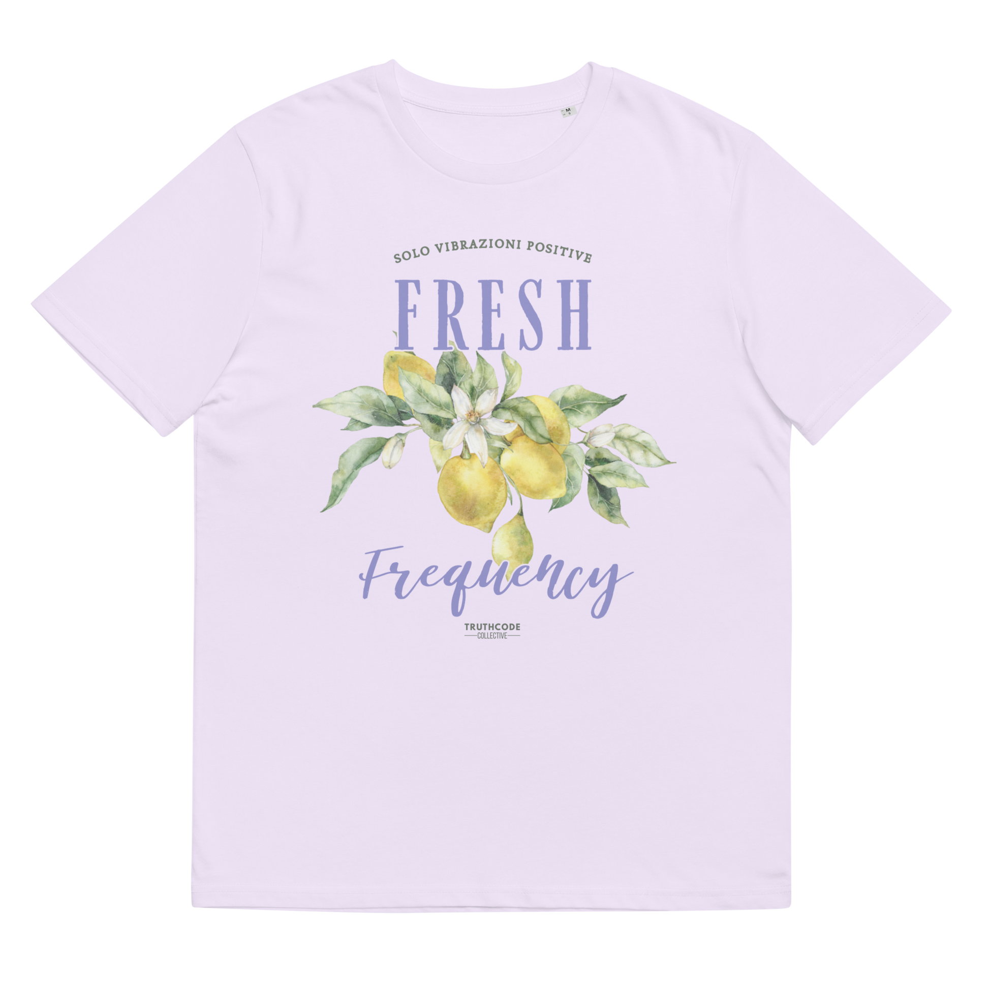 Lavender organic t-shirt with lemon graphic and text 'Fresh frequency' on a white background