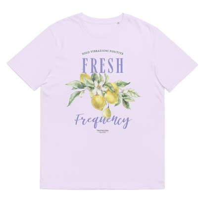 Lavender organic t-shirt with lemon graphic and text 'Fresh frequency' on a white background