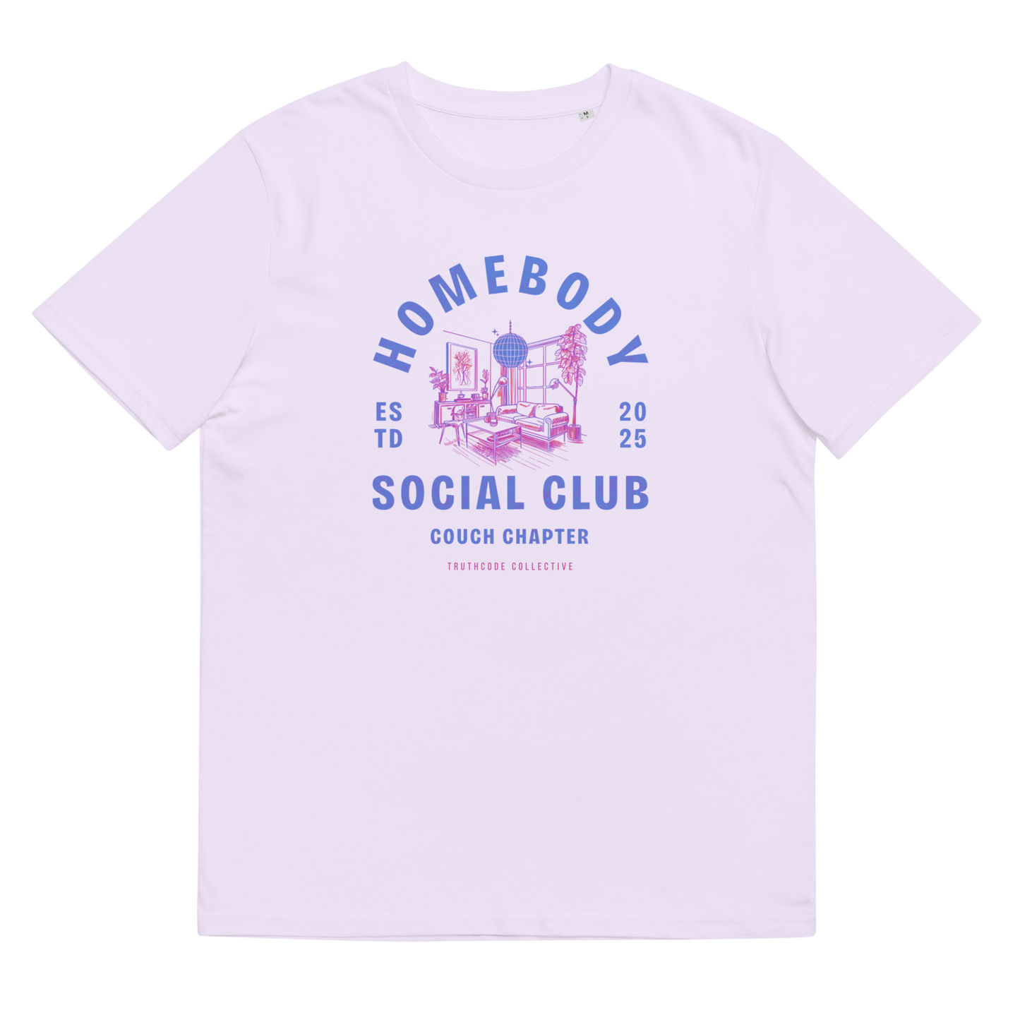 Lavender organic t-shirt with 'Homebody Social Club, couch chapter' and graphic design of a sitting room, shirt on a white background