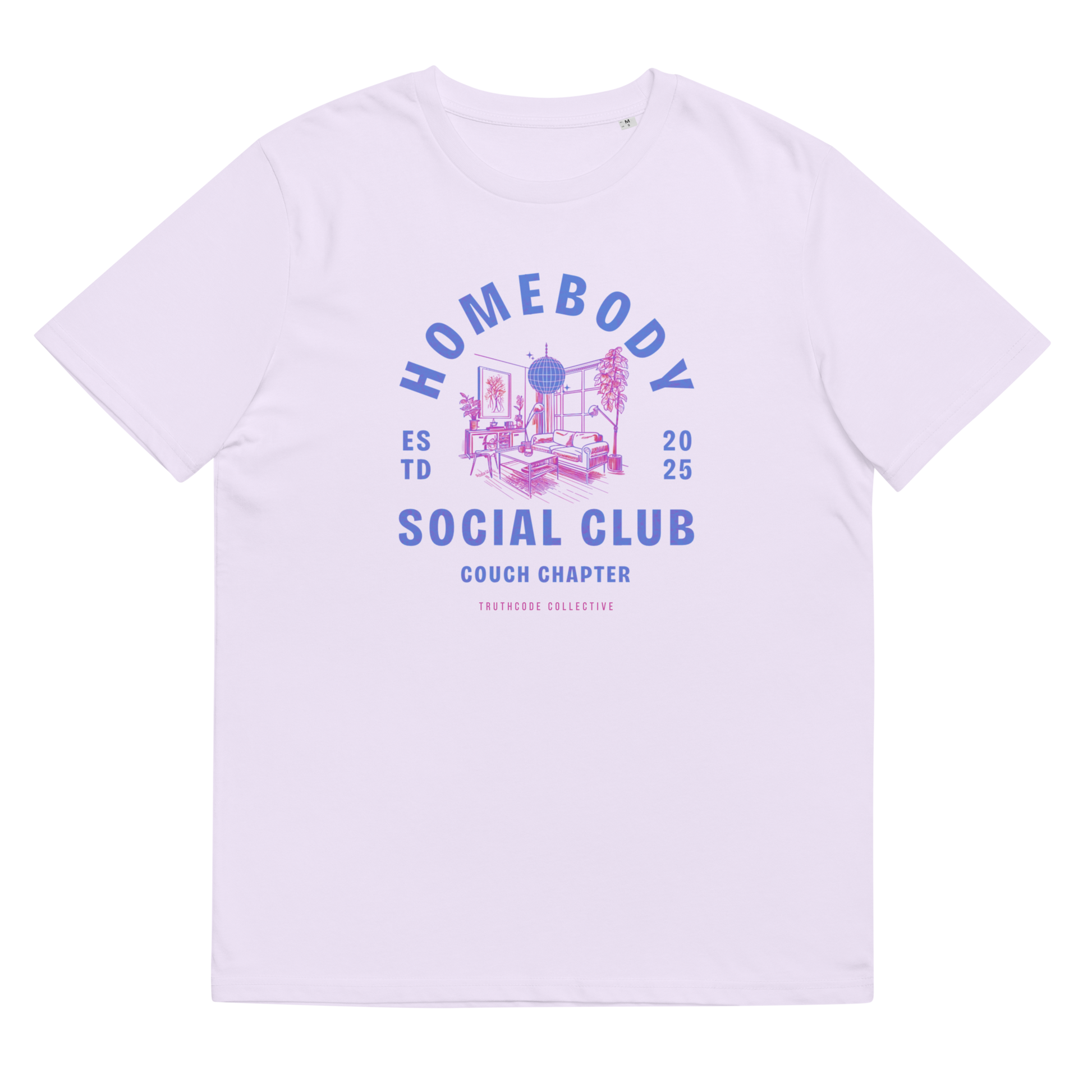 Lavender organic t-shirt with 'Homebody Social Club, couch chapter' and graphic design of a sitting room, shirt on a white background