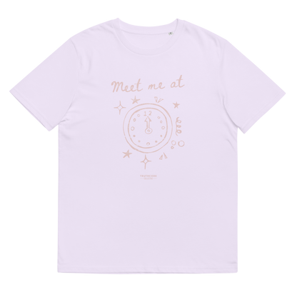 Lavender organic t-shirt with a clock design and text 'Meet me at' and clock pointing to midnight, shirt on a white background