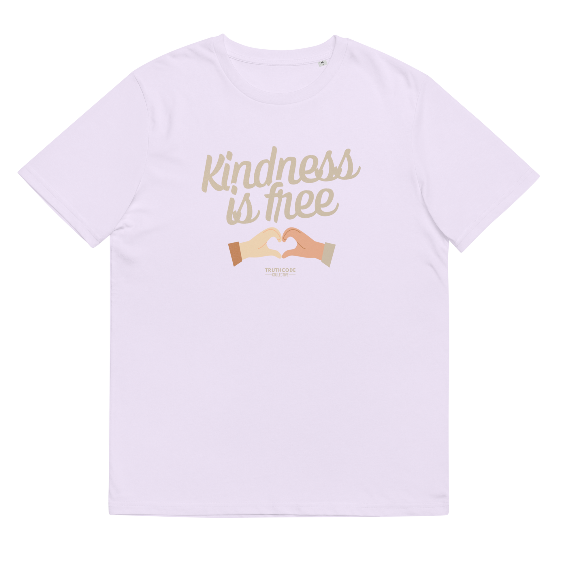 Lavender organic t-shirt with 'Kindness is free' text and heart hands graphic, shirt on a white background