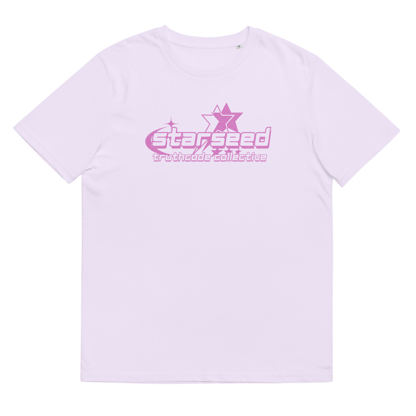 Lavender organic t-shirt with pink text 'Starseed' and star graphic design, shirt on a white background