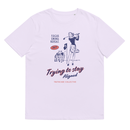 Lavender organic t-shirt with vintage style graphic design of a golfer and text 'Trying to stay aligned' on a white background