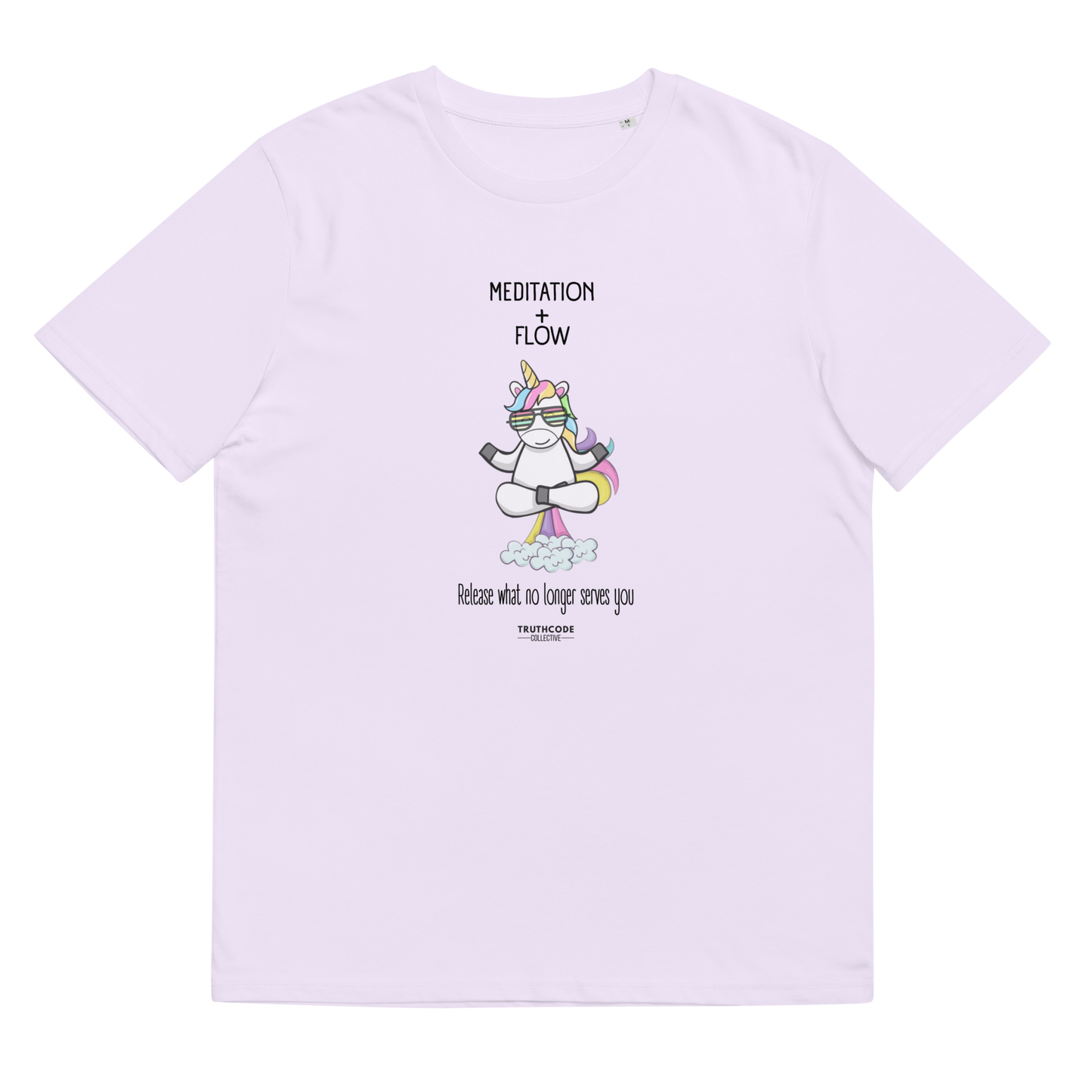 Lavender organic t-shirt with a unicorn farting a rainbow graphic and text 'Meditation + Flow, release what no longer serves you' on a white background