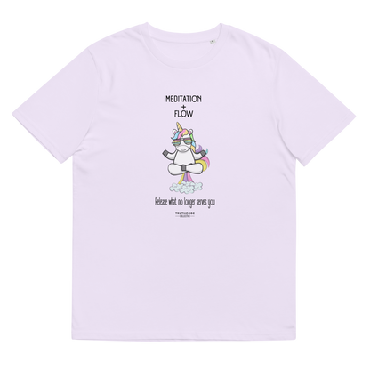 Lavender organic t-shirt with a unicorn farting a rainbow graphic and text 'Meditation + Flow, release what no longer serves you' on a white background