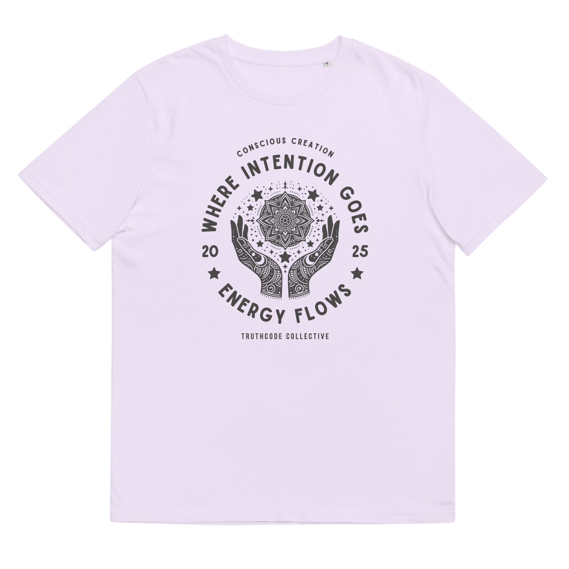 Lavender organic t-shirt with graphic design of hands around a mandala and text 'Where intention goes energy flows' on a white background